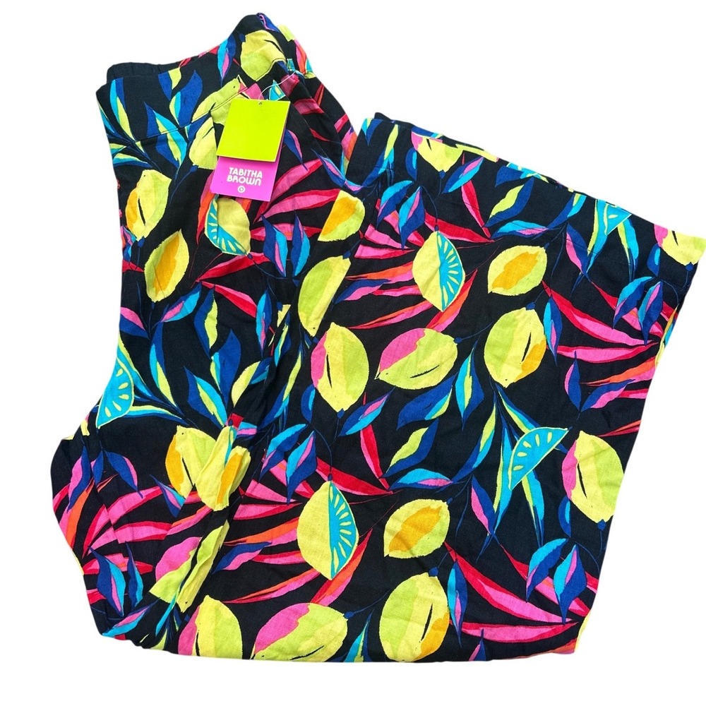 Tabitha Brown Target Tropical Lemon Print Wide Leg Pants Black Multi Size M NWT